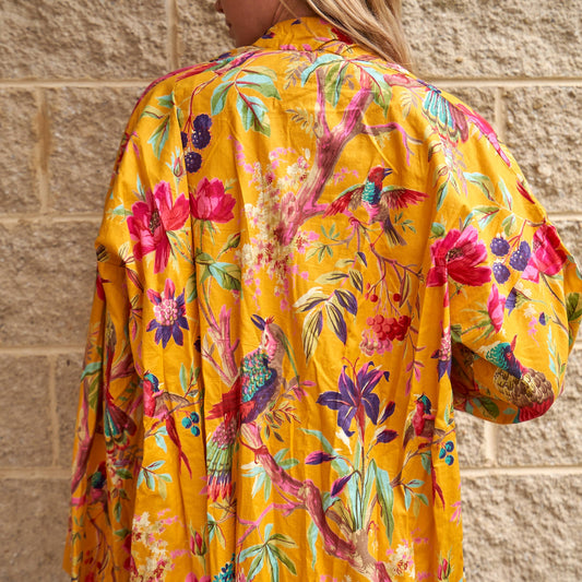 Tranquil Aviary 100% Cotton Kimono Robe – Frida Kahlo-Inspired Bird of Paradise Print, Versatile Loungewear, Handcrafted in India, Free Size