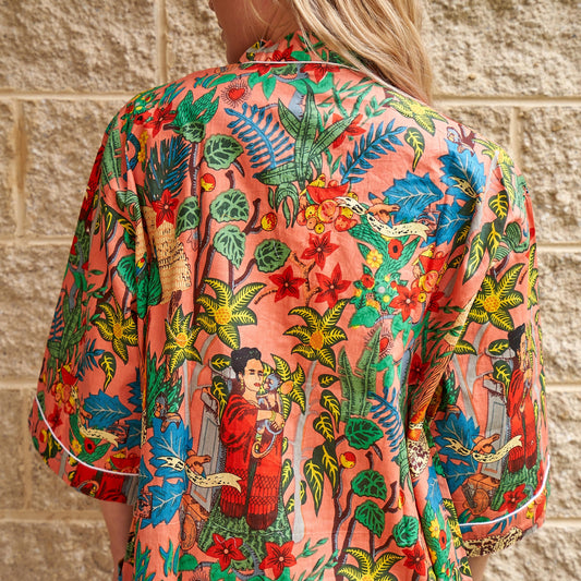 Bohemian Muse 100% Cotton Robe – Frida Kahlo-Inspired Bird of Paradise Design, Multi-Use Kimono & Kaftan