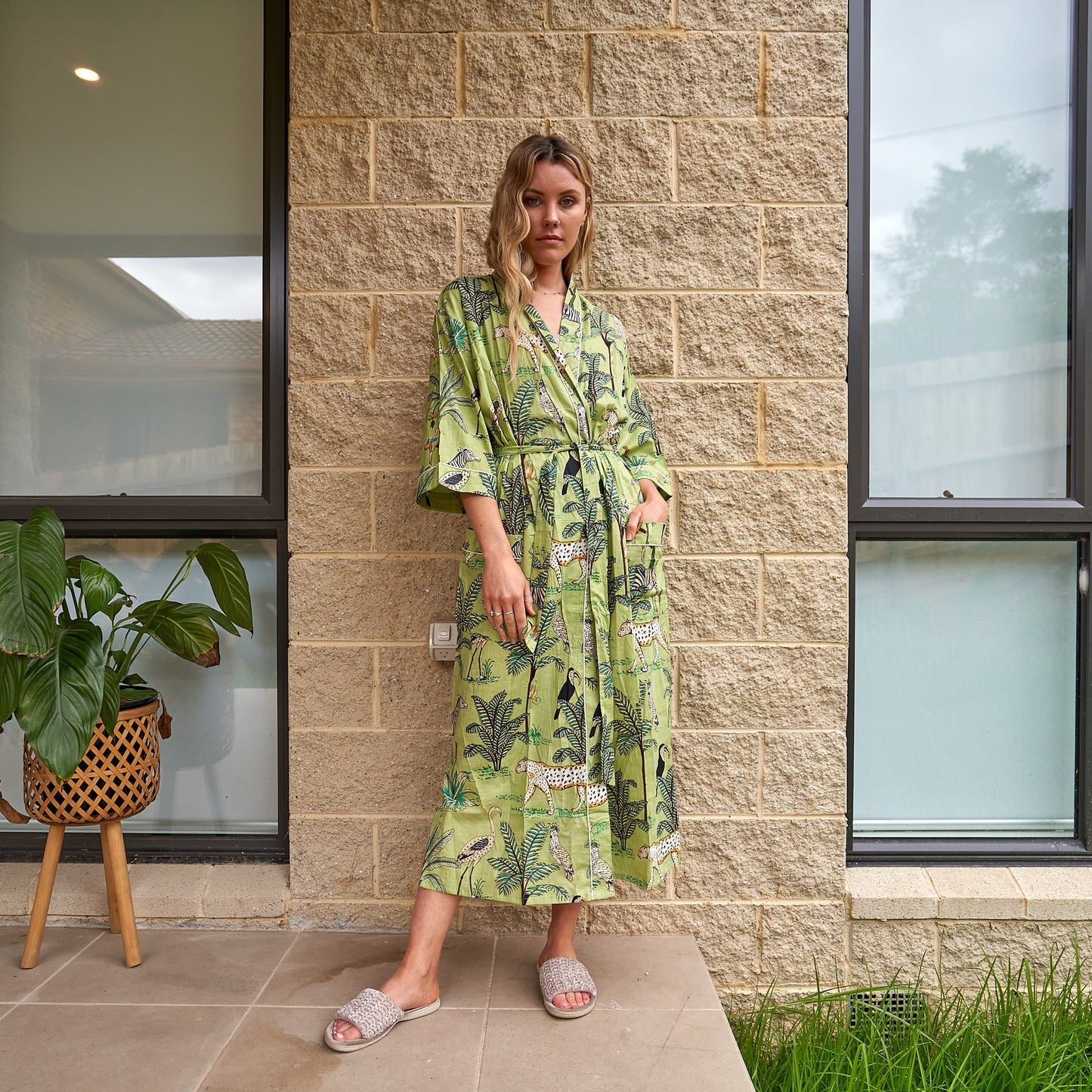 Safari Splendour 100% Cotton Kimono Robe – Frida Kahlo-Inspired Bird of Paradise Print, Breathable, Versatile Loungewear, Handmade in India, Free-Size