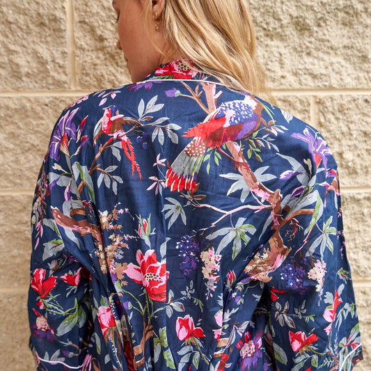 Moonlit Birds 100% Cotton Kimono Robe – Frida Kahlo-Inspired Bird of Paradise Print, Versatile Loungewear, Handcrafted in India, Free Size