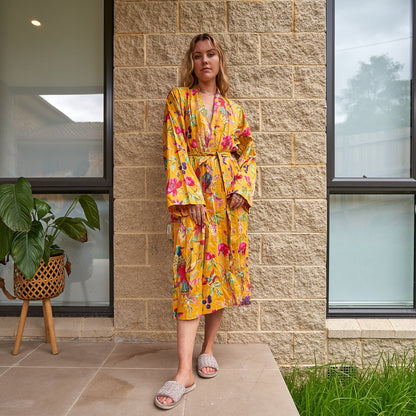 Tranquil Aviary 100% Cotton Kimono Robe – Frida Kahlo-Inspired Bird of Paradise Print, Versatile Loungewear, Handcrafted in India, Free Size