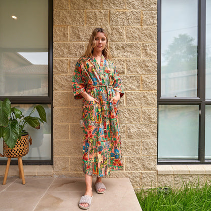 Bohemian Muse 100% Cotton Robe – Frida Kahlo-Inspired Bird of Paradise Design, Multi-Use Kimono & Kaftan