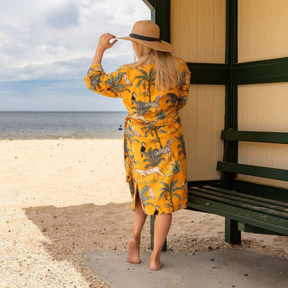 Yellow Junge Frida Kahlo Inspired 100% Cotton Velvet Kimono Robe – Elegant, Versatile & Cozy