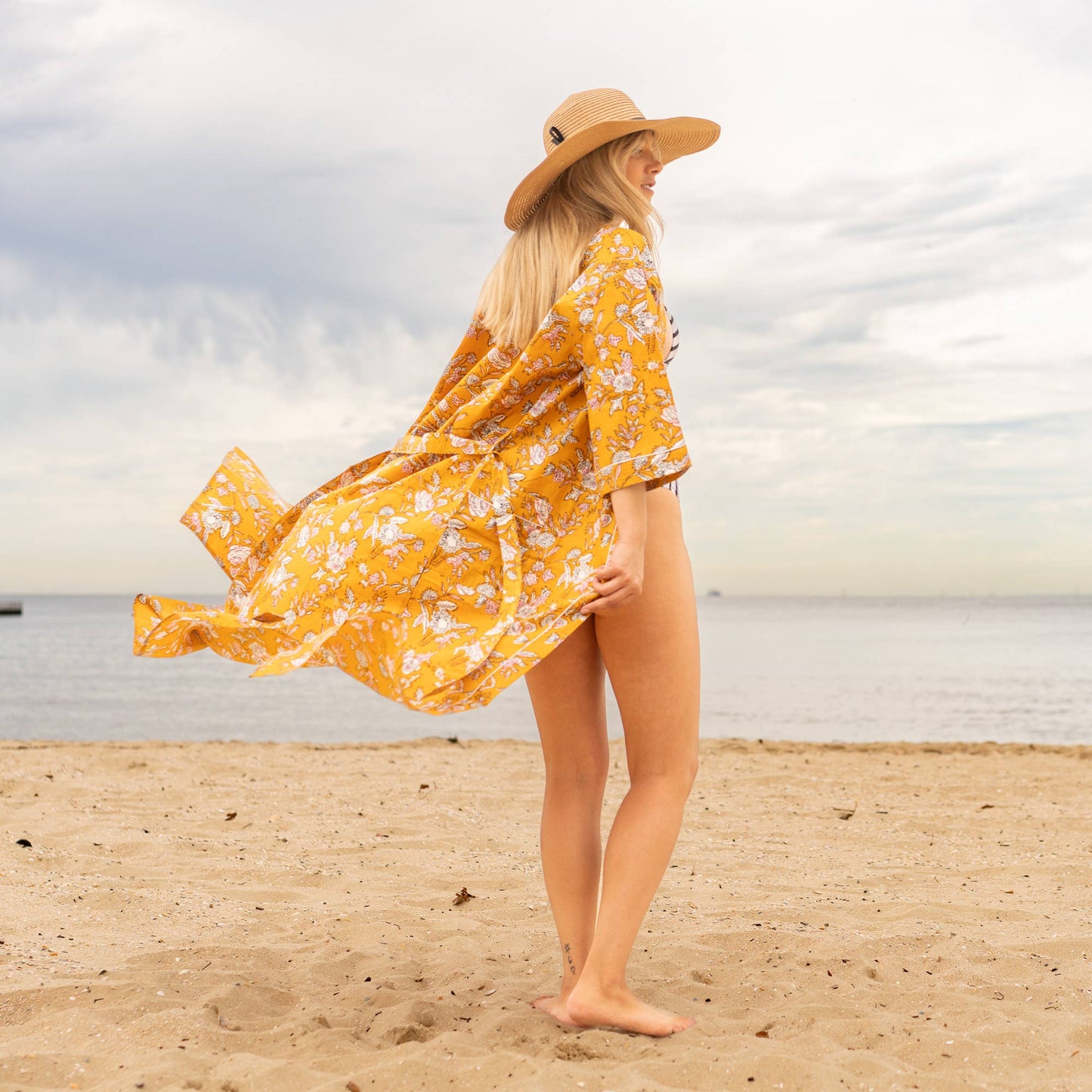 Mustard Floral Women's Cotton Kimono Robe - Frida Kahlo Inspired, Lightweight & Versatile (One Size, 100% Cotton)