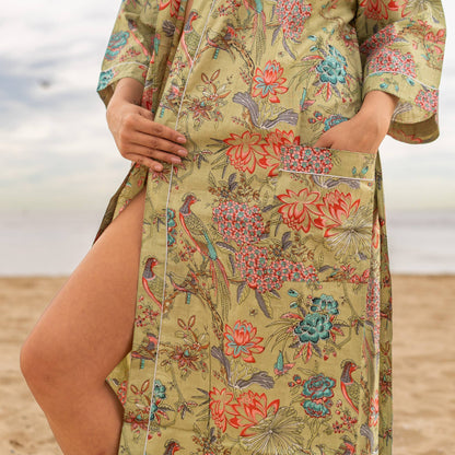 Green Peacock Women's Cotton Kimono Robe - Frida Kahlo Inspired, Elegant & Versatile