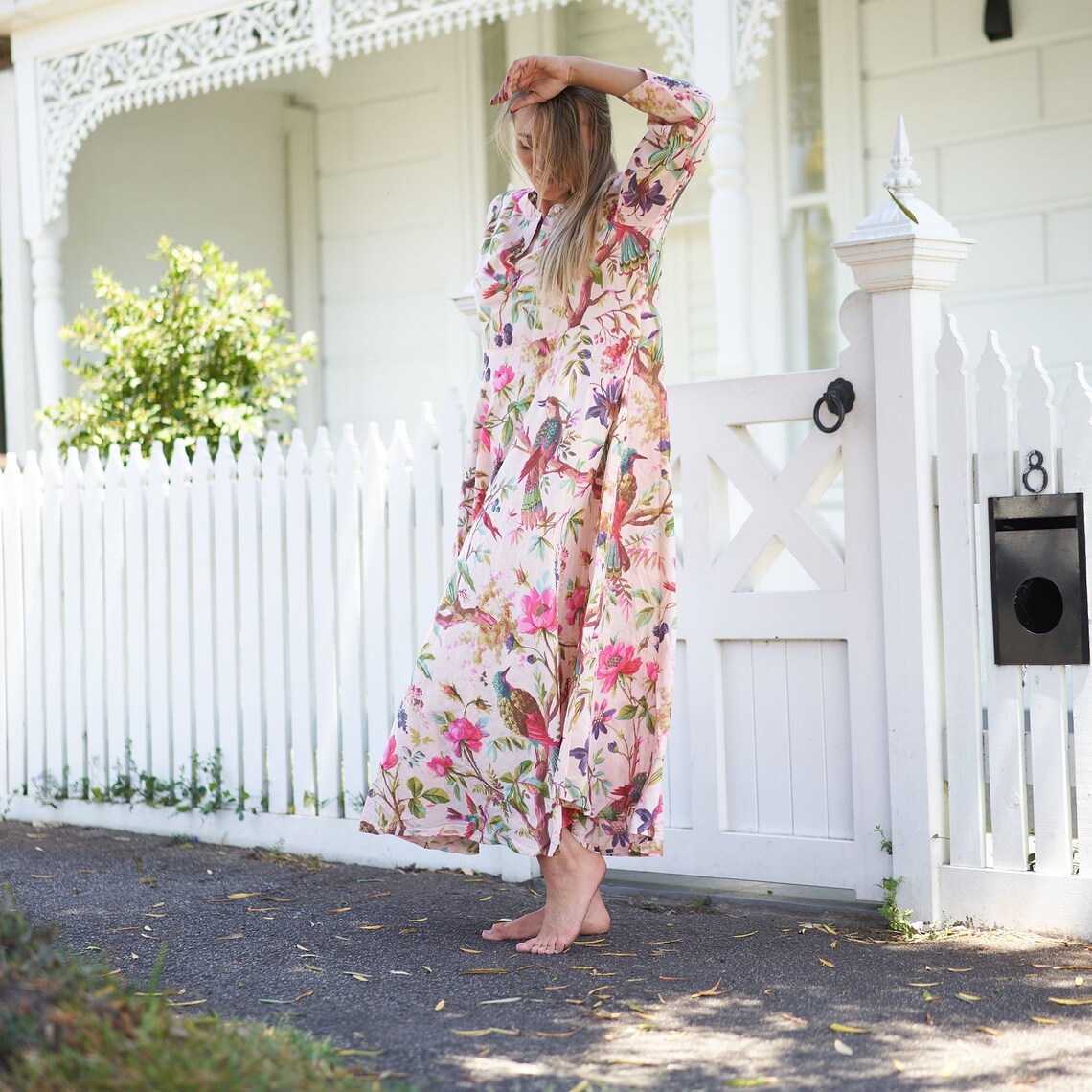 Sea, Sun, and Florals 100% Cotton Maxi Dress – Boho Chic, Hand-Screen Printed, S/M & L/XL