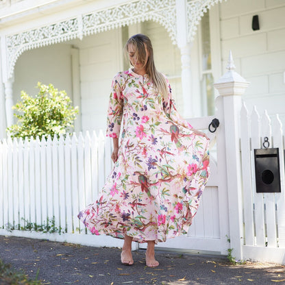 Sea, Sun, and Florals 100% Cotton Maxi Dress – Boho Chic, Hand-Screen Printed, S/M & L/XL