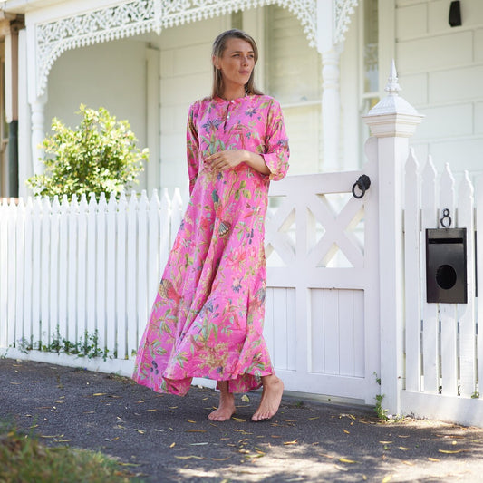 Blossoming Bliss 100% Cotton Maxi Dress – Floral Hand-Screen Printed, S/M & L/XL, Limited Edition