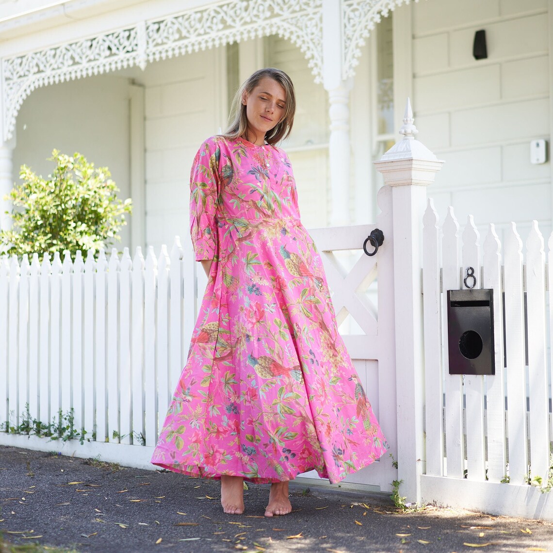 Blossoming Bliss 100% Cotton Maxi Dress – Floral Hand-Screen Printed, S/M & L/XL, Limited Edition