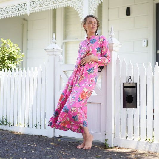 Beachside Beauty 100% Cotton Maxi Dress – Floral Hand-Screen Printed, S/M & L/XL, Limited Edition