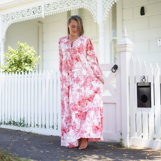 Vintage Botanicals 100% Cotton Maxi Dress – Floral Hand-Screen Printed, S/M & L/XL, Limited Edition