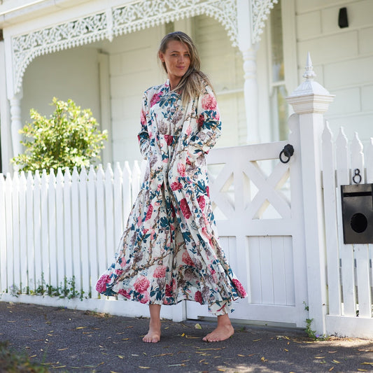 Beach Resort Bliss 100% Cotton Maxi Dress – Boho Floral Hand-Screen Printed, S/M & L/XL, Limited Edition