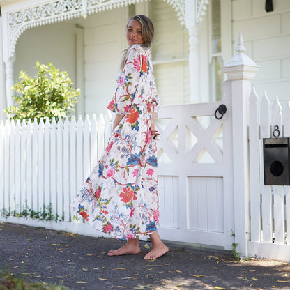 Coastal Charm 100% Cotton Maxi Dress – Floral Hand-Screen Printed, S/M & L/XL, Limited Edition