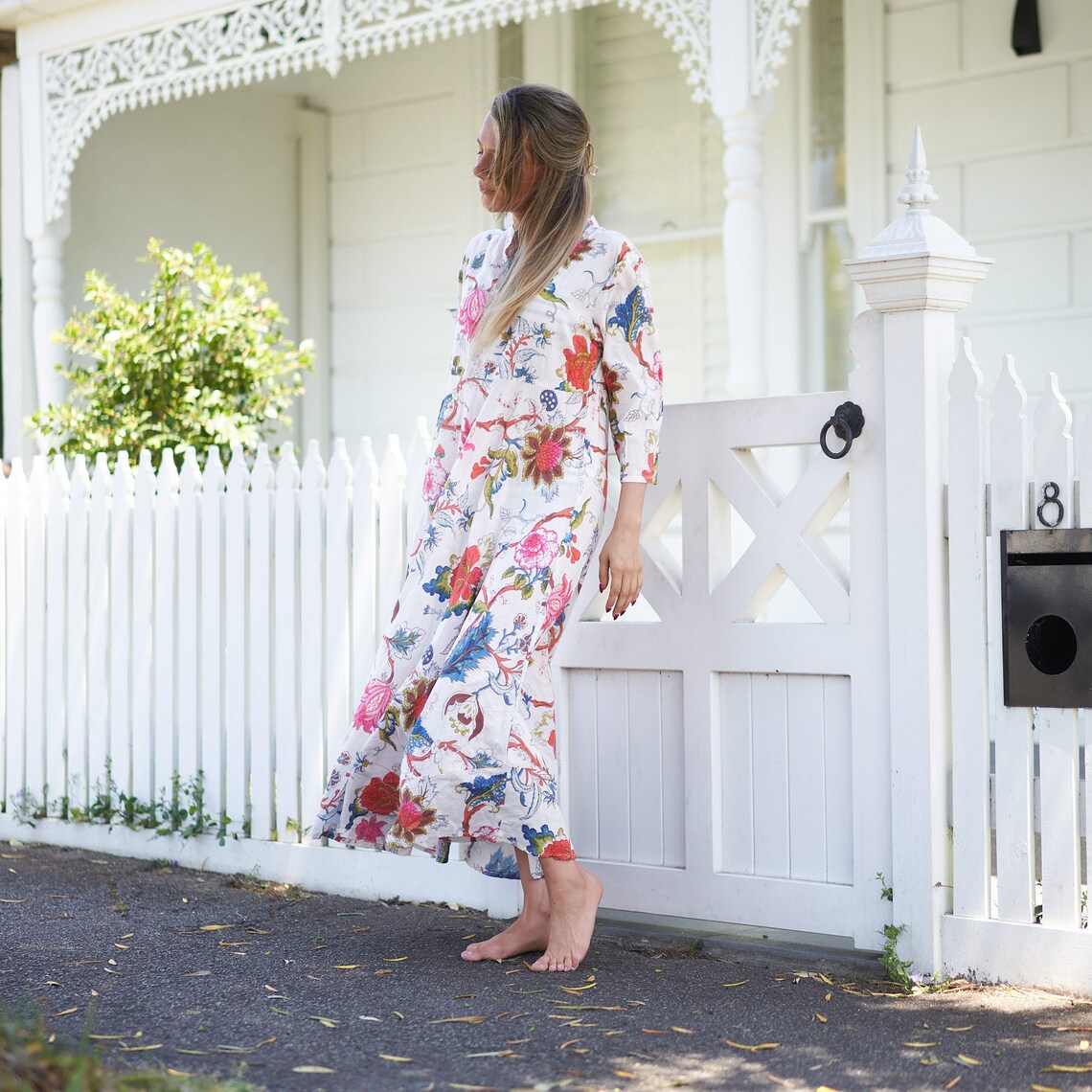 Coastal Charm 100% Cotton Maxi Dress – Floral Hand-Screen Printed, S/M & L/XL, Limited Edition