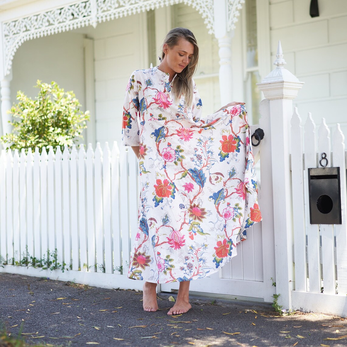 Coastal Charm 100% Cotton Maxi Dress – Floral Hand-Screen Printed, S/M & L/XL, Limited Edition