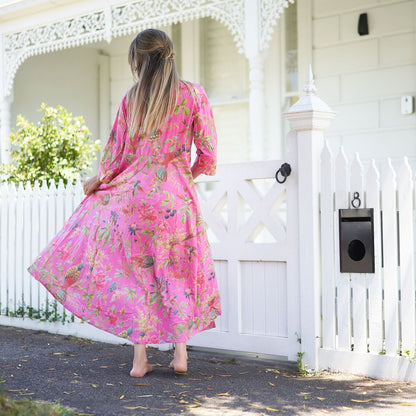 Blossoming Bliss 100% Cotton Maxi Dress – Floral Hand-Screen Printed, S/M & L/XL, Limited Edition