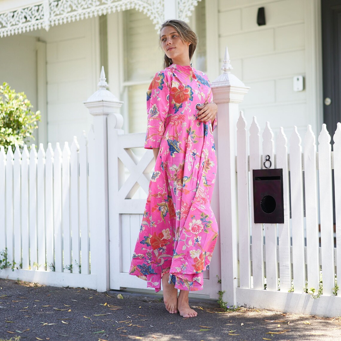 Beachside Beauty 100% Cotton Maxi Dress – Floral Hand-Screen Printed, S/M & L/XL, Limited Edition