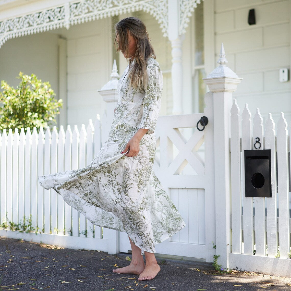 Timeless Tranquility 100% Cotton Maxi Dress – Floral Hand-Screen Printed, S/M & L/XL, Limited Edition