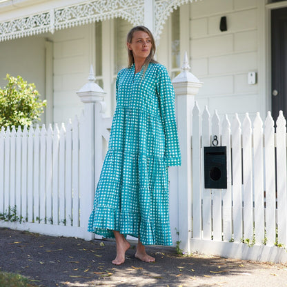 Coastal Comfort 100% Cotton Maxi Dress – Boho Floral Hand-Screen Printed, S/M & L/XL, Limited Edition