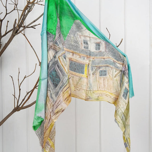 Green and Cream Silk Modal Scarf - Eco-Friendly, Soft & Lightweight, Luxury Head and Neck Wrap