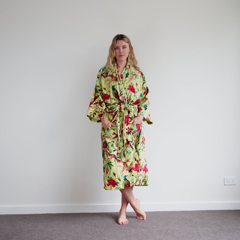 Tender Touch 100% Cotton Velvet Kimono Robe – Frida Kahlo Inspired, Bird of Paradise Print, Plush & Luxurious, Free Size, Multi-Functional, Handmade, Limited Edition