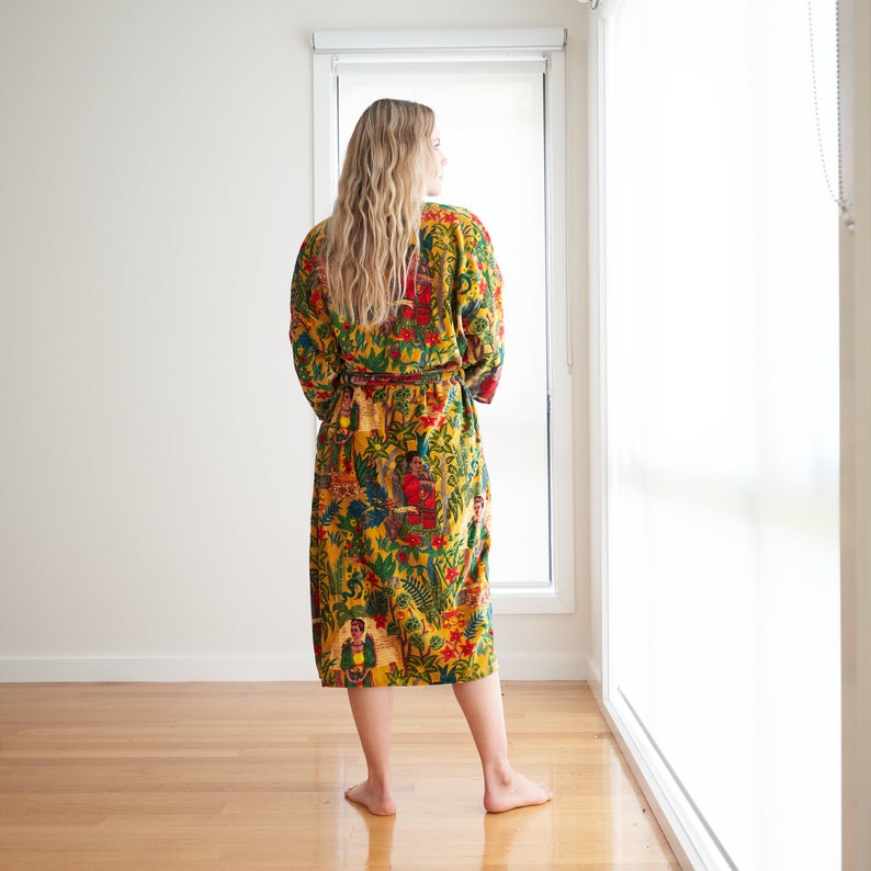 Soft Sophistication Cotton Velvet Kimono Robe | 100% Velvet, Frida Kahlo Inspired, Hand Screen-Printed, Multi-Use Kimono, Bathrobe, Kaftan, Cardigan, Free Size, Lounge Wear