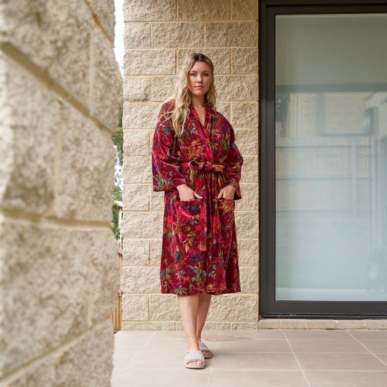 Plush Petals Cotton Velvet Kimono Robe | 100% Velvet, Frida Kahlo Inspired, Hand Screen-Printed, Versatile Kimono, Bathrobe, Kaftan, Free Size, Lounge Wear