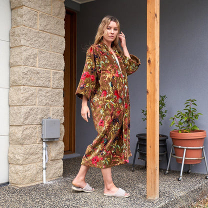 Velveteen Dreams Cotton Velvet Kimono Robe | 100% Velvet, Frida Kahlo Inspired, Hand-Screen Printed, Versatile Kimono, Bathrobe, Kaftan, Free Size, Handmade, Limited Edition