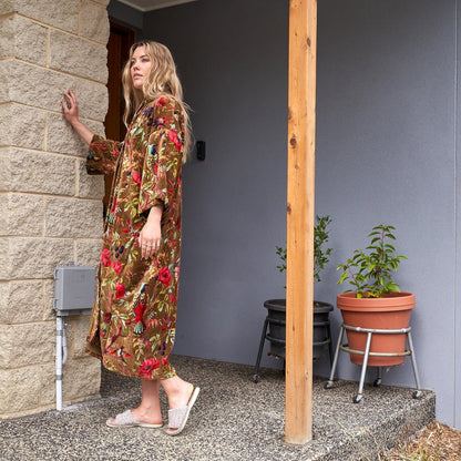 Velveteen Dreams Cotton Velvet Kimono Robe | 100% Velvet, Frida Kahlo Inspired, Hand-Screen Printed, Versatile Kimono, Bathrobe, Kaftan, Free Size, Handmade, Limited Edition