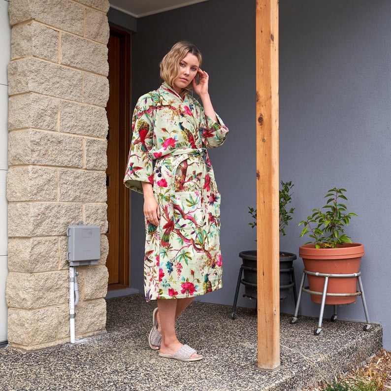 Luxe Lounge Cotton Velvet Kimono Robe | 100% Velvet, Frida Kahlo Inspired, Hand-Screen Printed, Kimono, Bathrobe, Kaftan, Free Size, Handmade, Limited Edition