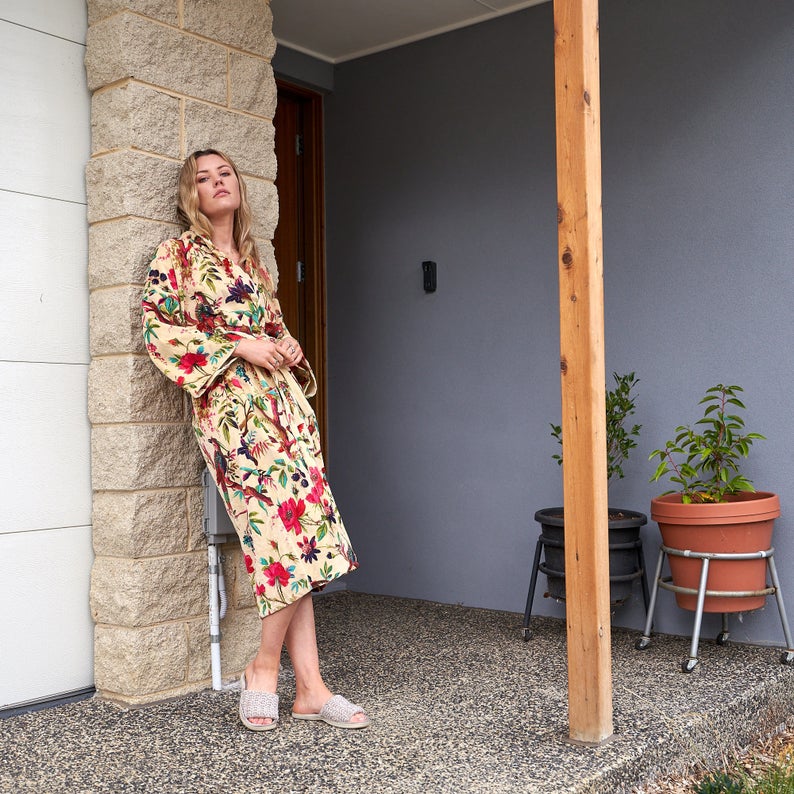 Sumptuous Sanctuary Cotton Velvet Kimono Robe | 100% Velvet, Frida Kahlo Inspired, Hand-Screen Printed, Kimono, Bathrobe, Kaftan, Free Size, Handmade, Limited Edition, Worldwide Delivery