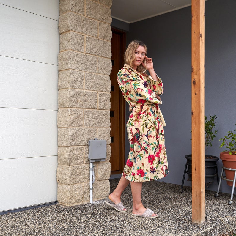 Sumptuous Sanctuary Cotton Velvet Kimono Robe | 100% Velvet, Frida Kahlo Inspired, Hand-Screen Printed, Kimono, Bathrobe, Kaftan, Free Size, Handmade, Limited Edition, Worldwide Delivery