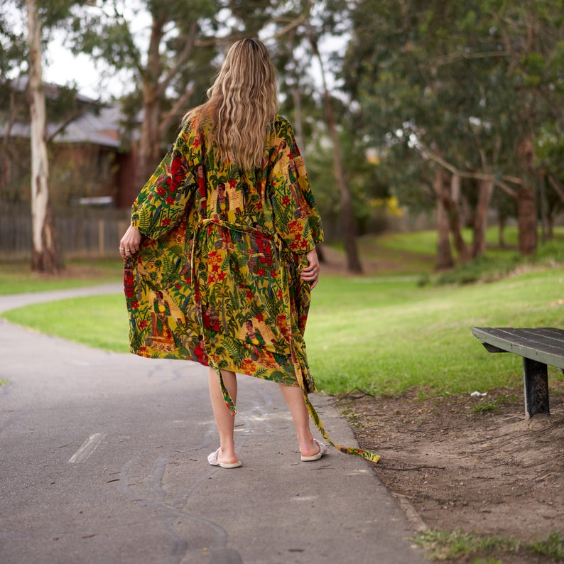 Opulent Oasis 100% Cotton Velvet Kimono Robe | Frida Kahlo Inspired, Hand-Screen Printed Bird of Paradise, Versatile Kimono, Robe, Kaftan, Free Size, Handmade, Limited Edition, Worldwide Shipping