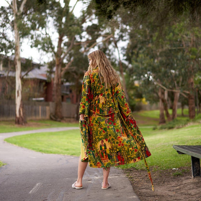 Opulent Oasis 100% Cotton Velvet Kimono Robe | Frida Kahlo Inspired, Hand-Screen Printed Bird of Paradise, Versatile Kimono, Robe, Kaftan, Free Size, Handmade, Limited Edition, Worldwide Shipping