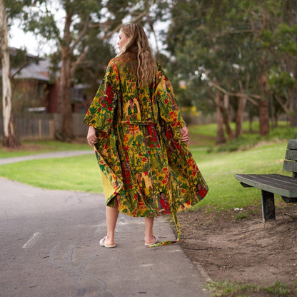 Opulent Oasis 100% Cotton Velvet Kimono Robe | Frida Kahlo Inspired, Hand-Screen Printed Bird of Paradise, Versatile Kimono, Robe, Kaftan, Free Size, Handmade, Limited Edition, Worldwide Shipping