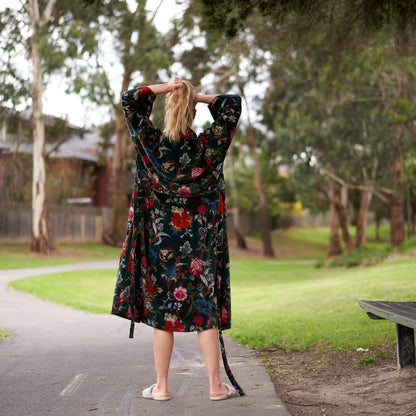 Luxe Botanicals 100% Cotton Velvet Kimono Robe | Frida Kahlo Inspired, Bird of Paradise Hand-Screen Printed, Soft Cotton Velvet, Free Size, Versatile Kimono, Bathrobe, Kaftan, Handmade, Limited Edition, Worldwide Shipping