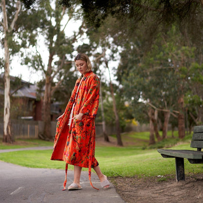 Timeless Elegance 100% Cotton Velvet Kimono Robe | Frida Kahlo-Inspired, Bird of Paradise Hand-Screen Printed, Soft Cotton Velvet, Free Size, Versatile Kimono, Bathrobe, Kaftan, Handmade, Limited Edition, Worldwide Shipping