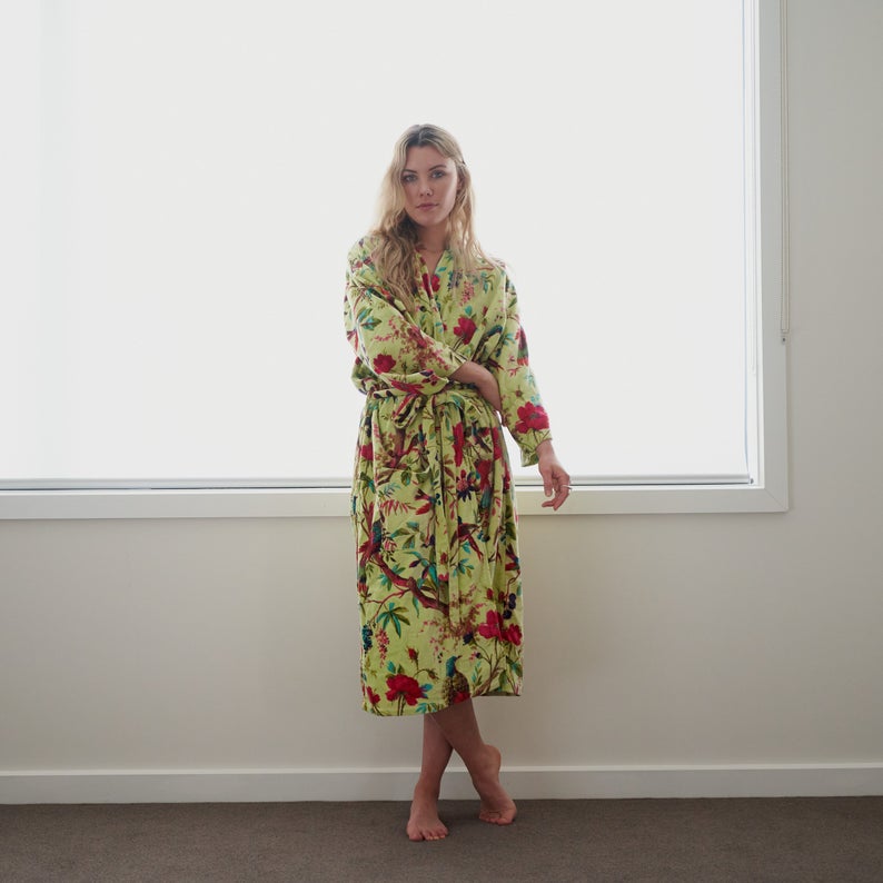 Tender Touch 100% Cotton Velvet Kimono Robe – Frida Kahlo Inspired, Bird of Paradise Print, Plush & Luxurious, Free Size, Multi-Functional, Handmade, Limited Edition