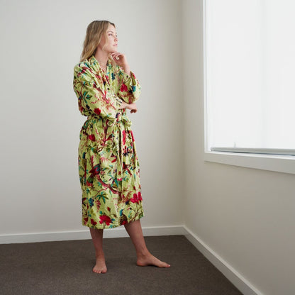 Tender Touch 100% Cotton Velvet Kimono Robe – Frida Kahlo Inspired, Bird of Paradise Print, Plush & Luxurious, Free Size, Multi-Functional, Handmade, Limited Edition