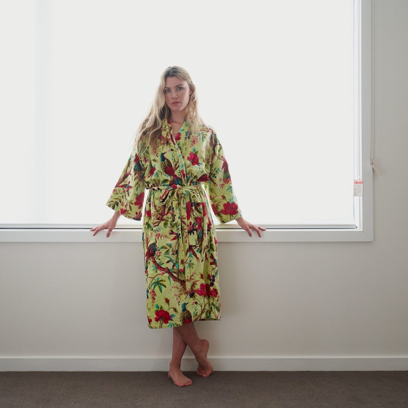 Tender Touch 100% Cotton Velvet Kimono Robe – Frida Kahlo Inspired, Bird of Paradise Print, Plush & Luxurious, Free Size, Multi-Functional, Handmade, Limited Edition