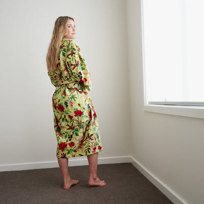 Tender Touch 100% Cotton Velvet Kimono Robe – Frida Kahlo Inspired, Bird of Paradise Print, Plush & Luxurious, Free Size, Multi-Functional, Handmade, Limited Edition