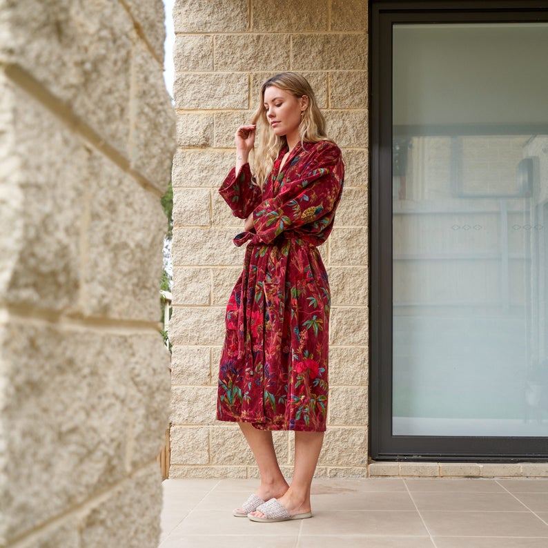 Plush Petals Cotton Velvet Kimono Robe | 100% Velvet, Frida Kahlo Inspired, Hand Screen-Printed, Versatile Kimono, Bathrobe, Kaftan, Free Size, Lounge Wear