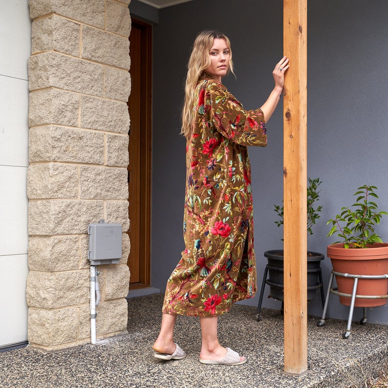 Velveteen Dreams Cotton Velvet Kimono Robe | 100% Velvet, Frida Kahlo Inspired, Hand-Screen Printed, Versatile Kimono, Bathrobe, Kaftan, Free Size, Handmade, Limited Edition