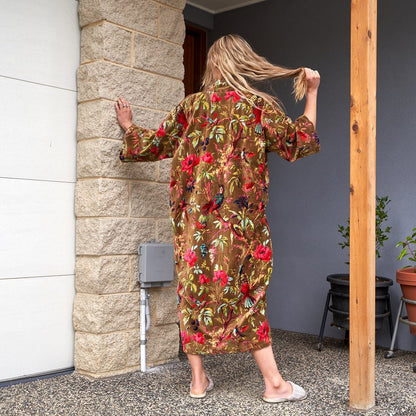 Velveteen Dreams Cotton Velvet Kimono Robe | 100% Velvet, Frida Kahlo Inspired, Hand-Screen Printed, Versatile Kimono, Bathrobe, Kaftan, Free Size, Handmade, Limited Edition