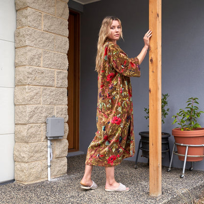 Velveteen Dreams Cotton Velvet Kimono Robe | 100% Velvet, Frida Kahlo Inspired, Hand-Screen Printed, Versatile Kimono, Bathrobe, Kaftan, Free Size, Handmade, Limited Edition