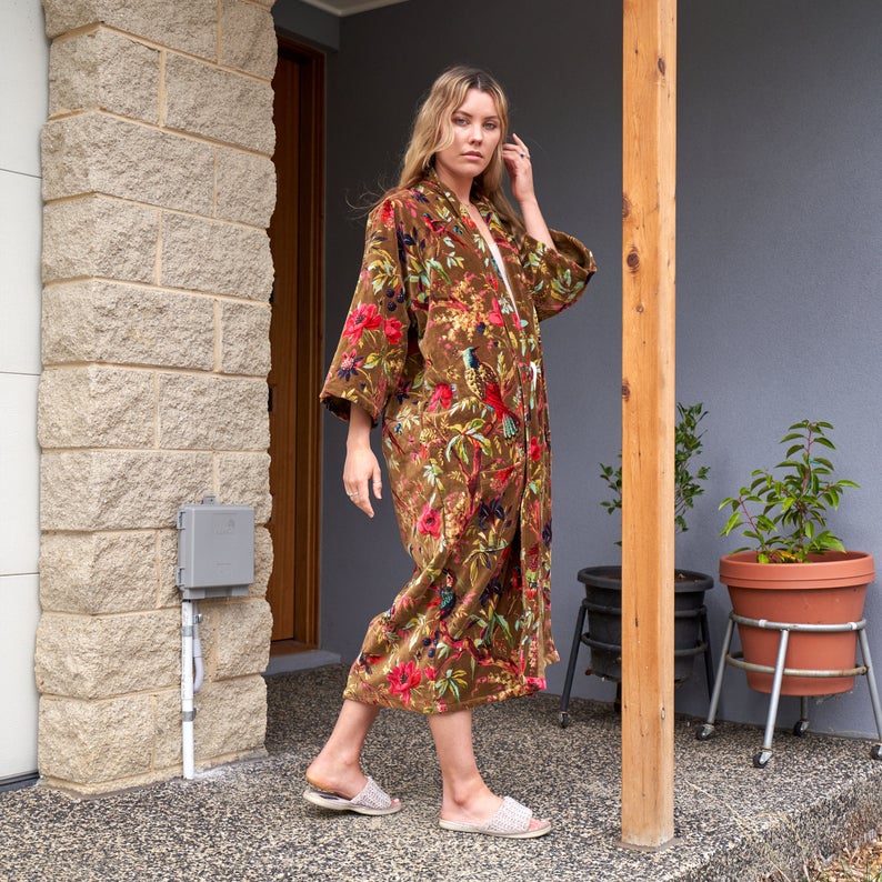 Velveteen Dreams Cotton Velvet Kimono Robe | 100% Velvet, Frida Kahlo Inspired, Hand-Screen Printed, Versatile Kimono, Bathrobe, Kaftan, Free Size, Handmade, Limited Edition