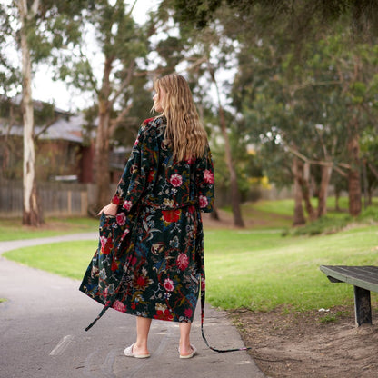 Luxe Botanicals 100% Cotton Velvet Kimono Robe | Frida Kahlo Inspired, Bird of Paradise Hand-Screen Printed, Soft Cotton Velvet, Free Size, Versatile Kimono, Bathrobe, Kaftan, Handmade, Limited Edition, Worldwide Shipping