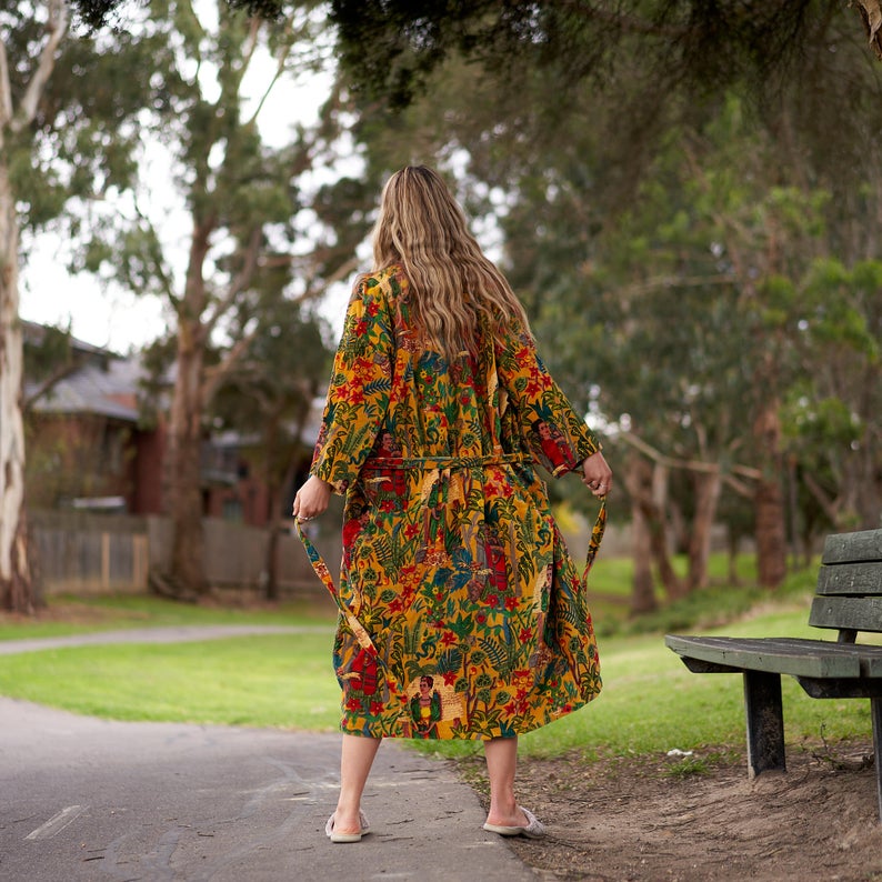 Soft Touch Kimono 100% Cotton | Frida Kahlo Inspired, Bird of Paradise Hand-Screen Printed, Soft Cotton Velvet, Free Size, Versatile Kimono, Bathrobe, Kaftan, Handmade, Limited Edition, Worldwide Shipping