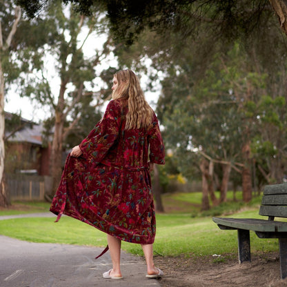 Sophisticated Splendour 100% Cotton Velvet Kimono Robe | Frida Kahlo-Inspired, Bird of Paradise Hand-Screen Printed, Soft Cotton Velvet, Free Size, Versatile Kimono, Bathrobe, Kaftan, Handmade, Limited Edition, Worldwide Shipping