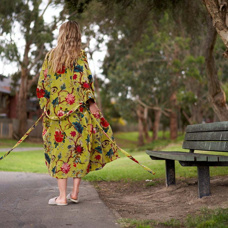 Lavish Blossoms 100% Cotton Velvet Kimono Robe | Frida Kahlo-Inspired, Bird of Paradise Hand-Screen Printed Design, Soft Cotton Velvet, Versatile Kimono, Robe, Kaftan, Cardigan, Free Size, Handmade, Limited Edition, Worldwide Shipping